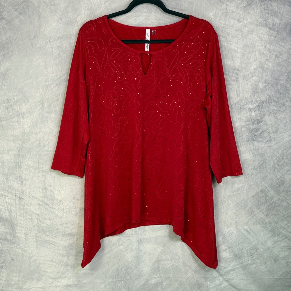 Whimsigoth Embroidered Sequin Sharkbite Tunic Top Red womens sz 1X boho Chic